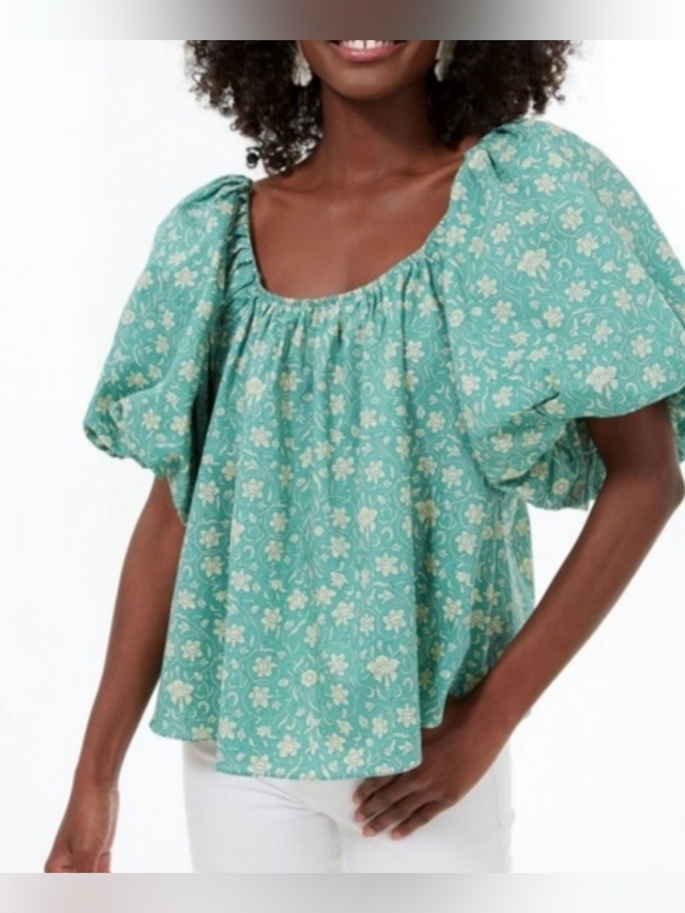Green Floral Puff-Sleeve Peasant Blouse
